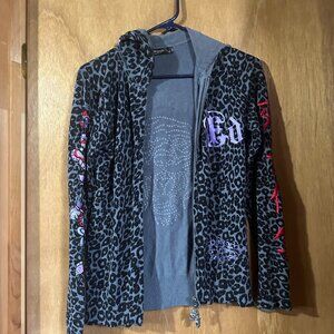 Used Zip Up Hooded Sweatshirt Womens Small ED Hardy Jacket Leopard Print